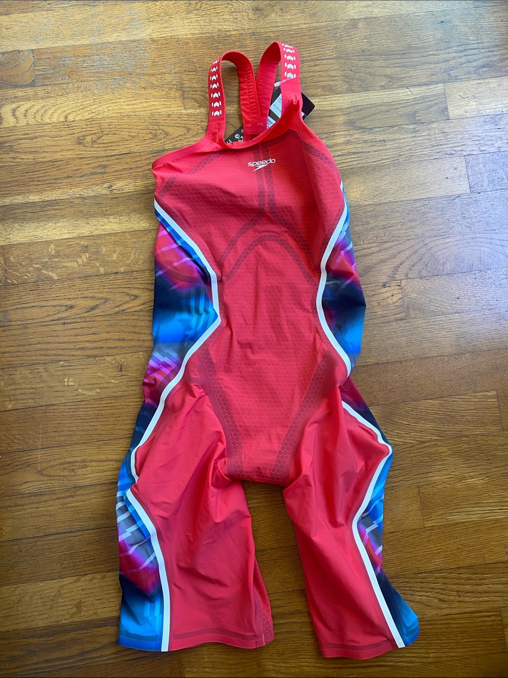 Speedo Red One-Piece Racing Kneeskin with Blue & Purple Panels